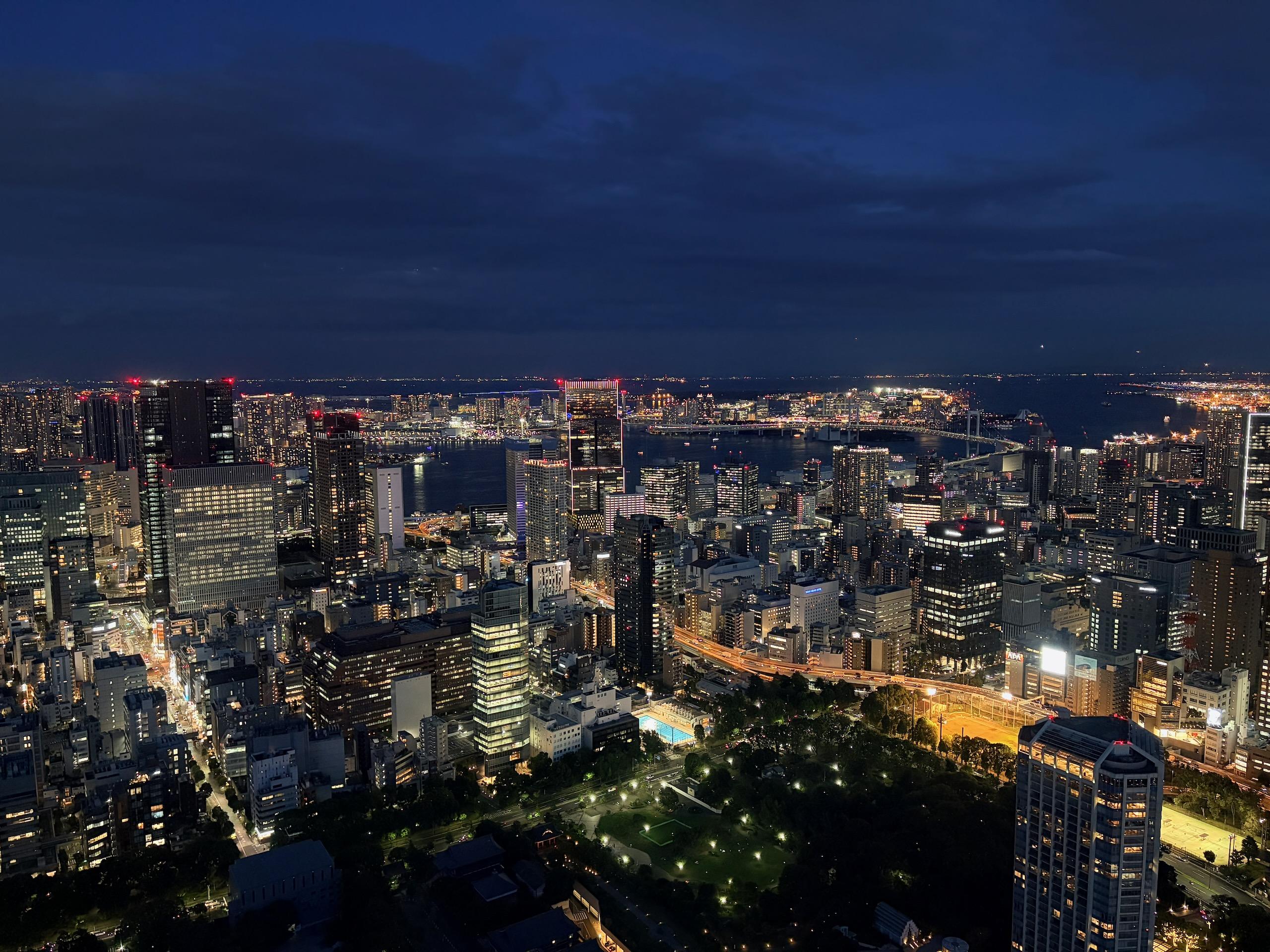 夜幕下的彩虹桥和远处的台场